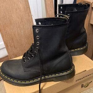 Dr. Martens 1460 Women’s Black Smooth Leather Lace UpBoots w/ Yellow Stitching